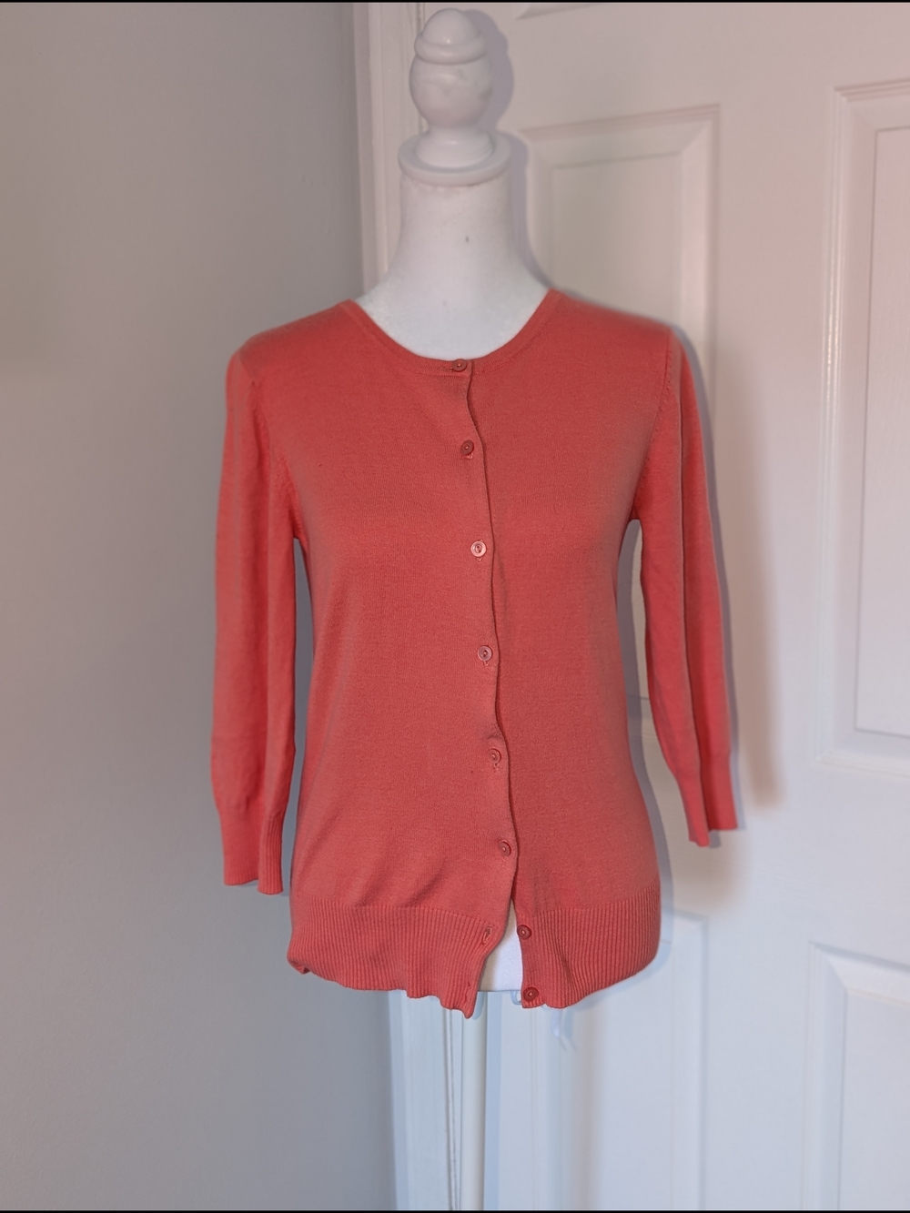 Abound Coral Colored Round-Neck Cardigan with Button Closure and 3/4 Sleeves